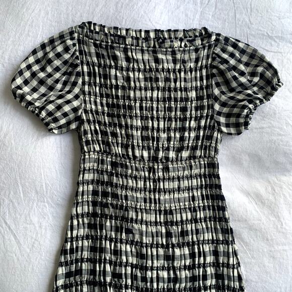 Doen Rizzo Linen Smocked Boat Neck Short Puff Sleeve Mini Dress Marilyn Gingham - Picture 10 of 16